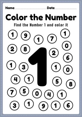 Renklendirme numaraları, anaokulu ve anaokulu öğrencilerinin temel matematik becerilerini öğrenmek için bir numaralı çalışma tablosu, basılabilir matematik sayfası..
