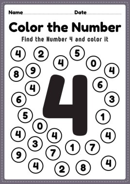 Anaokulu matematik çalışma tablosu, okul öncesi çocukların basılabilir bir sayfada temel matematik becerilerini öğrenmeleri için 4 numaralı boyama matematik aktiviteleri..