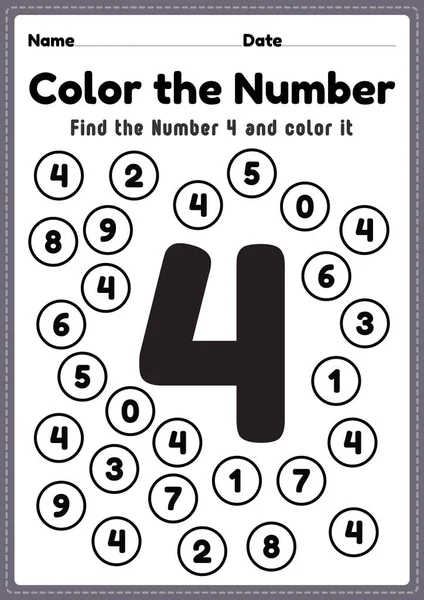 Anaokulu matematik çalışma tablosu, okul öncesi çocukların basılabilir bir sayfada temel matematik becerilerini öğrenmeleri için 4 numaralı boyama matematik aktiviteleri..