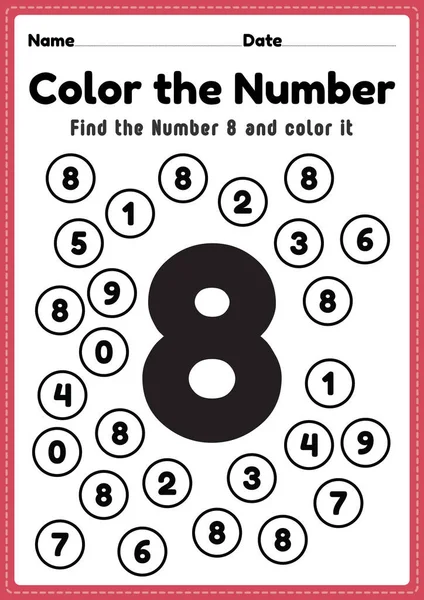 Anaokulu için numara çalışma kağıtları, okul öncesi çocukların basılabilir bir sayfada temel matematik becerilerini öğrenmeleri için 8 numara boyama matematik aktiviteleri.