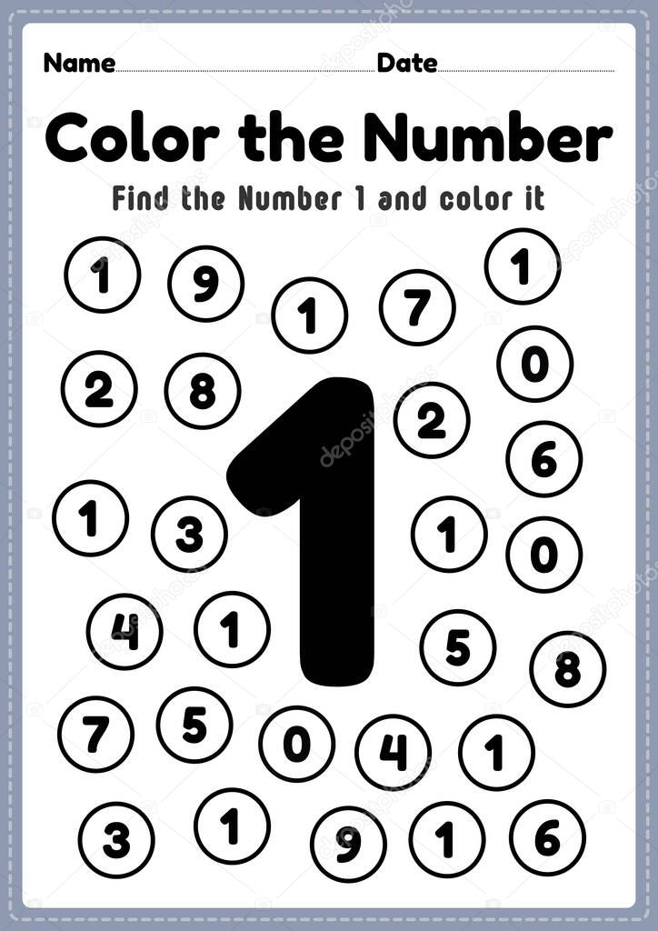 Coloring numbers, number 1 worksheet math printable sheet for preschool and kindergarten kids activity to learn basic mathematics skills.