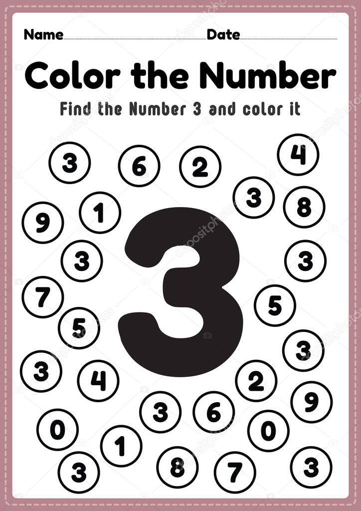 Number worksheet, number 3 worksheet math coloring activities for preschool and kindergarten kids to learn basic mathematics skills in a printable page.