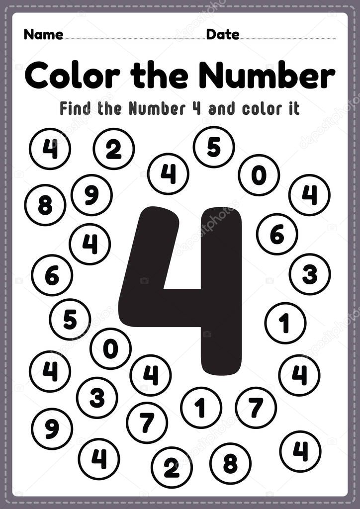 Kindergarten math worksheet, number 4 coloring maths activities for preschool kids to learn basic mathematics skills in a printable page.