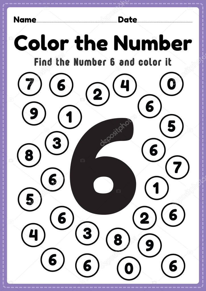 Maths worksheet for nursery, number 6 coloring maths activities for preschool and kindergarten kids to learn basic mathematics skills in a printable page.