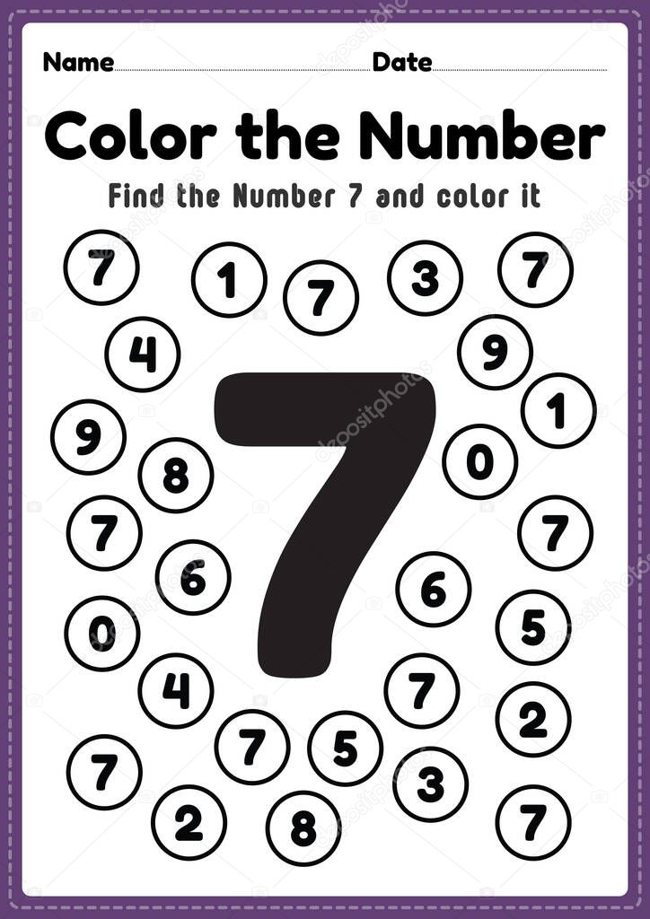 Pre k math worksheets, number 7 coloring maths activities for preschool and kindergarten kids to learn basic mathematics skills in a printable page.