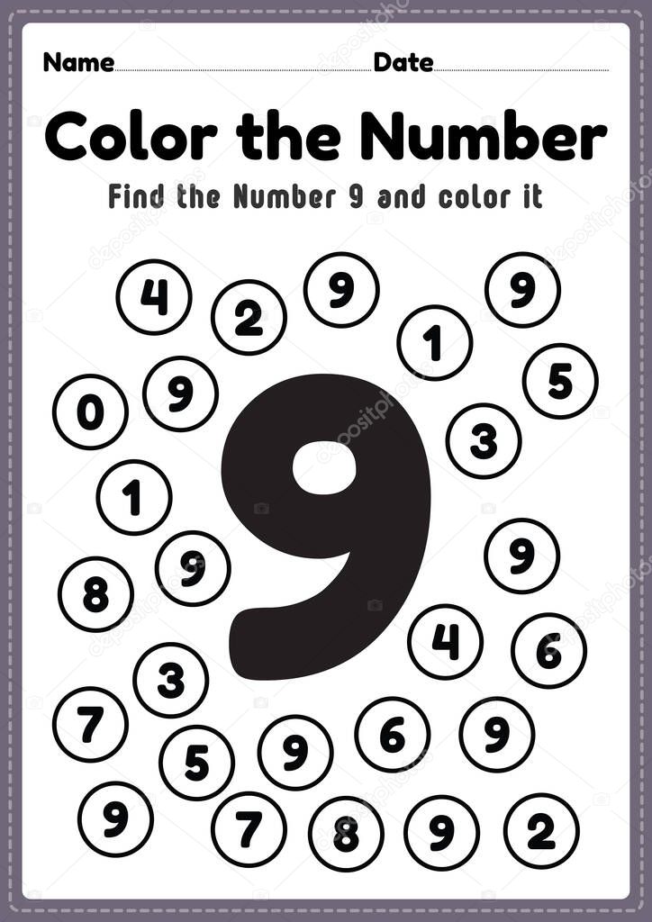 Number worksheets for preschool, number 9 coloring math activities for kindergarten kids to learn basic mathematics skills in a printable page.