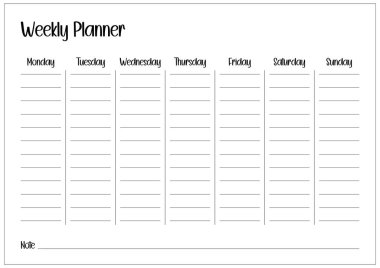Weekly planner for organized production schedule, clean and simple task list document. 