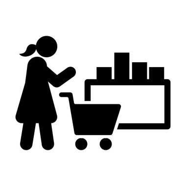Alışveriş simgesi resimli müşteri ürünleri dükkan kabartma vektör illüstrasyonundaki el arabasıyla karşılaştırıyor 