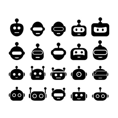 Şirin, minimal, katı siyah ai Chatbot kafa maskotu vektör illüstrasyon robotları teknoloji uygulaması için simgelerle karşılaşıyor.