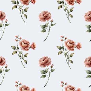 Mavi arka planda yaprakları pürüzsüz olan güller. Tozlu pembe bahçeli Victoria çiçeği. Düğün tasarımı için suluboya el resmi. Tekstil kumaş kozmetik paketi.