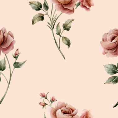 Bej arkaplanda yapraksız desenli güller. Tozlu pembe bahçeli Victoria çiçeği. Düğün tasarımı için suluboya el resmi. Tekstil kumaş kozmetik paketi.