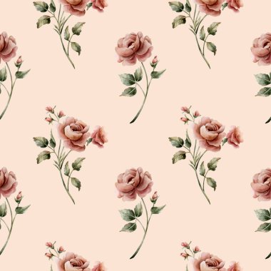 Bej arkaplanda yapraksız desenli güller. Tozlu pembe bahçeli Victoria çiçeği. Düğün tasarımı için suluboya el resmi. Tekstil kumaş kozmetik paketi.