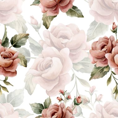 Beyaz arka planda yapraksız desenli güller. Tozlu pembe bahçeli Victoria çiçeği. Düğün tasarımı için suluboya el resmi. Tekstil kumaş kozmetik paketi.