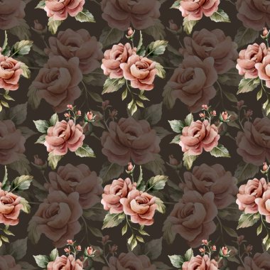 Koyu arkaplanda yapraksız desenli güller. Tozlu pembe bahçeli Victoria çiçeği. Düğün tasarımı için suluboya el resmi. Tekstil kumaş kozmetik paketi.