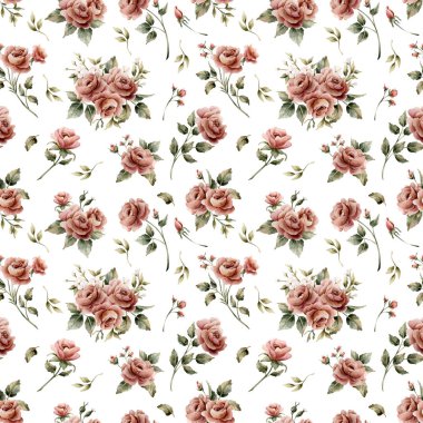 Beyaz arka planda yapraksız desenli güller. Tozlu pembe bahçeli Victoria çiçeği. Düğün tasarımı için suluboya el resmi. Tekstil kumaş kozmetik paketi.