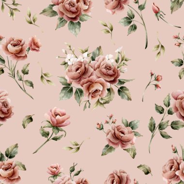 Pembe arka planda yaprakları pürüzsüz olan güller. Tozlu pembe bahçeli Victoria çiçeği. Düğün tasarımı için suluboya el resmi. Tekstil kumaş kozmetik paketi.