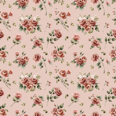 Pembe arka planda yaprakları pürüzsüz olan güller. Tozlu pembe bahçeli Victoria çiçeği. Düğün tasarımı için suluboya el resmi. Tekstil kumaş kozmetik paketi.