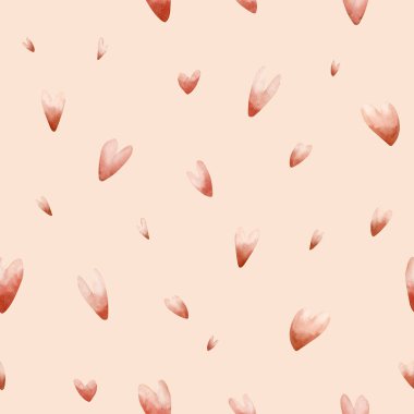 Sevimli, küçük, kırmızı kalpler pürüzsüz desen. Açık bej arka planda izole edilmiş suluboya el çizimi bebek yuvası çocukları tatil baskısı Sevgililer günü kartı ev yapımı tekstil kumaş ambalaj kağıdı tasarlıyorlar.