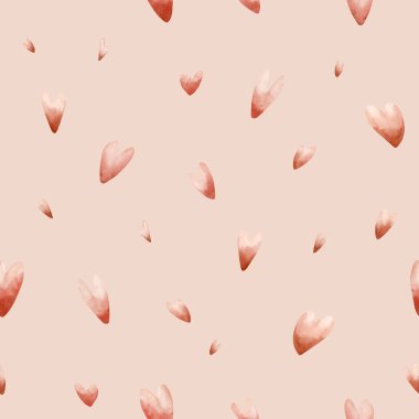 Sevimli, küçük, kırmızı kalpler pürüzsüz desen. Suluboya el çizimleri şeftali rengi arka planda izole edilmiş bebek yuvası çocukları tatil baskısı Sevgililer günü kartı ev yapımı tekstil kumaş ambalaj kağıdı tasarlıyorlar.