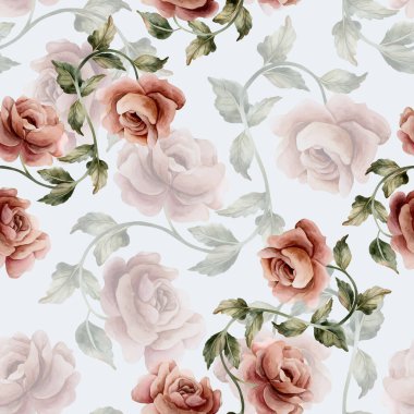 Mavi arka planda yaprakları pürüzsüz olan güller. Tozlu pembe bahçeli Victoria çiçeği. Düğün tasarımı için suluboya el resmi. Tekstil kumaş kozmetik paketi.