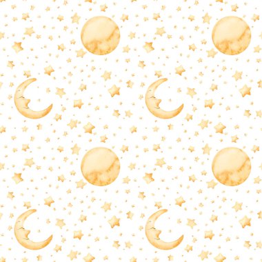 Sevimli altın ay hilal yıldızları kusursuz desen. Bebek bakıcılığı tekstil çocukları için beyaz arka planda izole edilmiş suluboya el çizimi Ramazan Bayramı kumaşı ambalaj kağıdı.