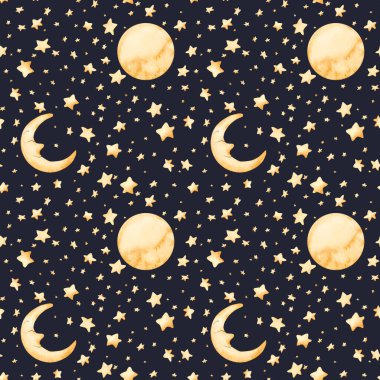 Sevimli altın ay hilal yıldızları kusursuz desen. Bebek bakıcılığı tekstil çocukları için koyu mavi arka planda izole edilmiş suluboya el çizimi Ramazan tatili ambalaj kağıdı.