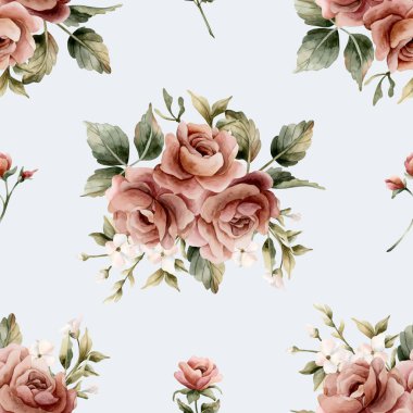 Mavi arka planda yaprakları pürüzsüz olan güller. Tozlu pembe bahçeli Victoria çiçeği. Düğün tasarımı için suluboya el resmi. Tekstil kumaş kozmetik paketi.