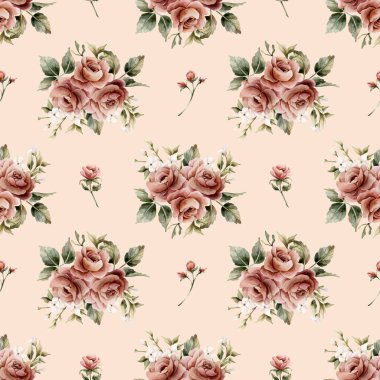 Bej arkaplanda yapraksız desenli güller. Tozlu pembe bahçeli Victoria çiçeği. Düğün tasarımı için suluboya el resmi. Tekstil kumaş kozmetik paketi.