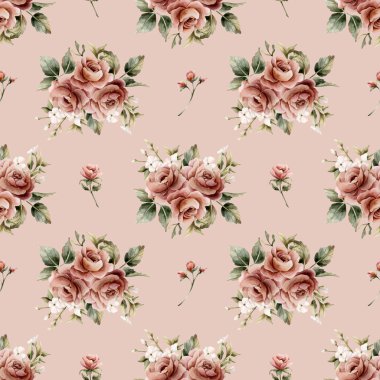 Pembe arka planda yaprakları pürüzsüz olan güller. Tozlu pembe bahçeli Victoria çiçeği. Düğün tasarımı için suluboya el resmi. Tekstil kumaş kozmetik paketi.