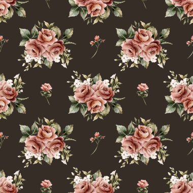 Koyu arkaplanda yapraksız desenli güller. Tozlu pembe bahçeli Victoria çiçeği. Düğün tasarımı için suluboya el resmi. Tekstil kumaş kozmetik paketi.