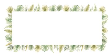 Canavar Palmiye Dalları Tropik Egzotik Yeşil Bitkiler Çerçevesi Yapıyor. Suluboya elle boyanmış yaz pastel nötr çizim beyaz arka planda çocuk odası çocukları için bebek kartı logosu şablonu