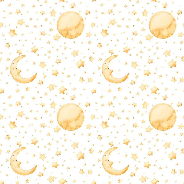 Sevimli altın ay hilal yıldızları kusursuz desen. Bebek bakıcılığı tekstil çocukları için beyaz arka planda izole edilmiş suluboya el çizimi Ramazan Bayramı kumaşı ambalaj kağıdı.