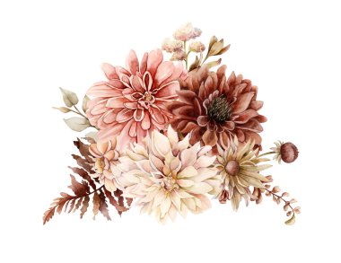 Sonbahar çiçekleri buket yapar. Sonbahar bitkileri Dahlia Kasımpatı Astra. Suluboya el çizimi çiçek çizimi. Beyaz arka planda izole edilmiş düğün evi tekstil kozmetik paketi porselen çanak çömlek.