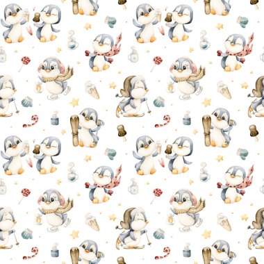 Şirin Penguenler Kış Eğlencesi Kusursuz Spor Şablonu. Suluboya el çizimi, beyaz arka planda izole edilmiş Noel ya da Sevgililer Günü baskısı bebek bezi kumaşı bebek bezi bebek bezi