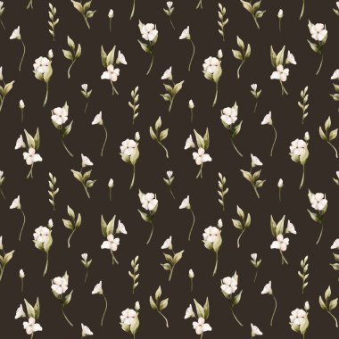 Yaprakları pürüzsüz beyaz küçük çiçekler. Yasemin, portakal, elma çiçeği. Düğün tasarımı için suluboya el resmi. Tekstil kozmetik ambalaj kağıdı.