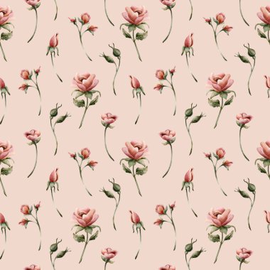 Pembe arka planda gül tomurcukları pürüzsüz desen. Tozlu pembe bahçeli Victoria çiçeği. Düğün tasarımı için suluboya el resmi. Tekstil kumaş kozmetik ambalaj kağıdı.