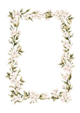 Yaprak çerçeveli beyaz küçük çiçekler. Yasemin, portakal, elma çiçeği. Suluboya el, düğün tasarımı, ev tekstili, porselen çanak çömlek, kozmetik paketi için hoş çiçek deseni çizmiş.