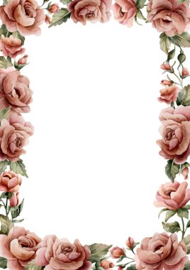 Gül çiçeği çerçevesi. Tozlu pembe bahçe çiçekleri çiçek aranjmanı. Suluboya el boyası düğün tasarımı, ev tekstili, porselen çanak çömlek, kozmetik paketler, etiketler için çiçek resmi.