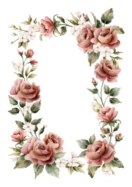 Gül çiçeği çerçevesi. Pembe bahçe çiçekleri dikdörtgen düzenleme. Düğün tasarımı için suluboya el resmi. Kutlama kartı davetiyesi. Tekstil kozmetik paket etiketleri.