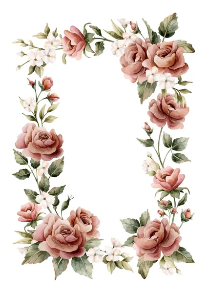 Gül çiçeği çerçevesi. Pembe bahçe çiçekleri dikdörtgen düzenleme. Düğün tasarımı için suluboya el resmi. Kutlama kartı davetiyesi. Tekstil kozmetik paket etiketleri.
