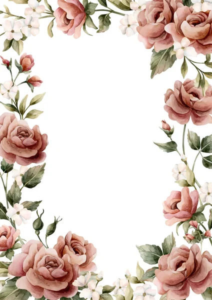 Gül çiçeği çerçevesi. Pembe bahçe çiçekleri dikdörtgen düzenleme. Düğün tasarımı için suluboya el resmi. Kutlama kartı davetiyesi. Tekstil kozmetik paket etiketleri.