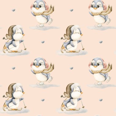 Şirin Penguenler Kış Eğlencesi Kusursuz Spor Şablonu. Suluboya el çizimi bej arka planda izole edilmiş kayak patenleri Kuzey tasarımı Noel baskısı bebek bezi kumaşları bebek bezi bebek bezi