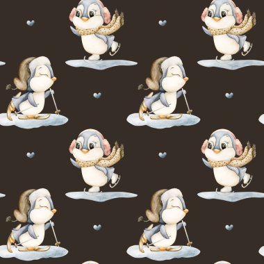 Şirin Penguenler Kış Eğlencesi Kusursuz Spor Şablonu. Suluboya el çizimleri, kuzey tasarımı için koyu arkaplan kayak patenleri üzerinde izole edilmiş Noel baskısı bebek bezi kumaşı kumaşları.