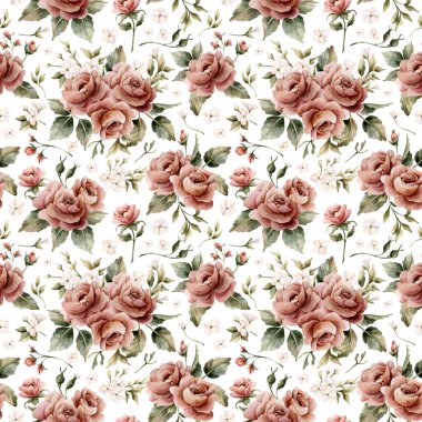 Beyaz arka planda yapraksız desenli güller. Tozlu pembe bahçeli Victoria çiçeği. Düğün tasarımı için suluboya el resmi. Tekstil kumaş kozmetik paketi.