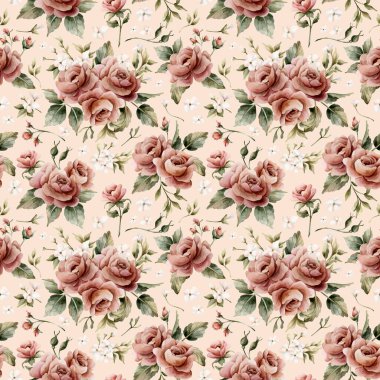 Bej arkaplanda yapraksız desenli güller. Tozlu pembe bahçeli Victoria çiçeği. Düğün tasarımı için suluboya el resmi. Tekstil kumaş kozmetik paketi.