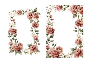 Gül çiçekleri dizildi. Pembe bahçe çiçek dikdörtgen düzenleme. Suluboya el resmi düğün tasarımı için izole edilmiş bir illüstrasyon tebrik kartı davetiyesi eve tekstil kozmetik paket etiketi