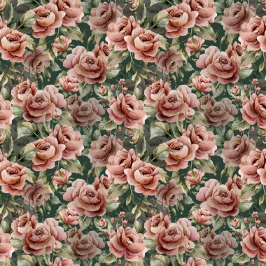 Koyu yeşil arka planda yapraksız desenli gül. Tozlu pembe bahçeli Victoria çiçeği. Suluboya el boyası çiçek resimli düğün tasarımı tekstil kumaş kozmetik paket paketleme