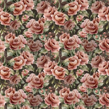 Koyu arkaplanda yapraksız desenli güller. Tozlu pembe bahçeli Victoria çiçeği. Düğün tasarımı için suluboya el resmi. Tekstil kumaş kozmetik paketi.