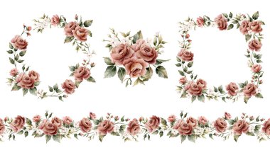 Beyaz çiçekli güller, dikişsiz çelenk seti. Tozlu pembe bahçe düzenlemeleri. Suluboya el, düğün tasarımı için izole edilmiş çiçek resimlerini tekstil kozmetik etiketleri ile boyamış.