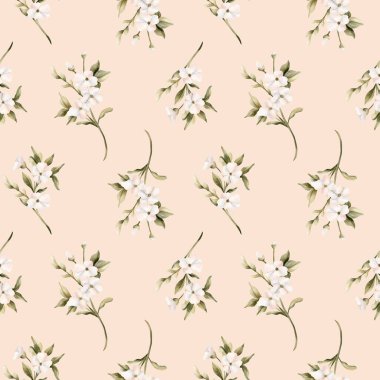 Yaprakları pürüzsüz beyaz küçük çiçekler. Yasemin, portakal, elma çiçeği. Düğün tasarımı için suluboya el resmi. Tekstil kozmetik ambalaj kağıdı.